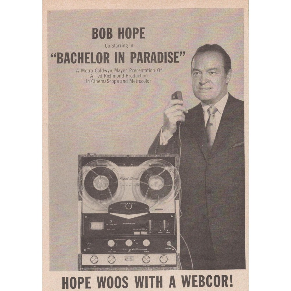Vintage 1961 Bob Hope Webcor Mid Century Reel Tape Recorder Home Audio Print Ad